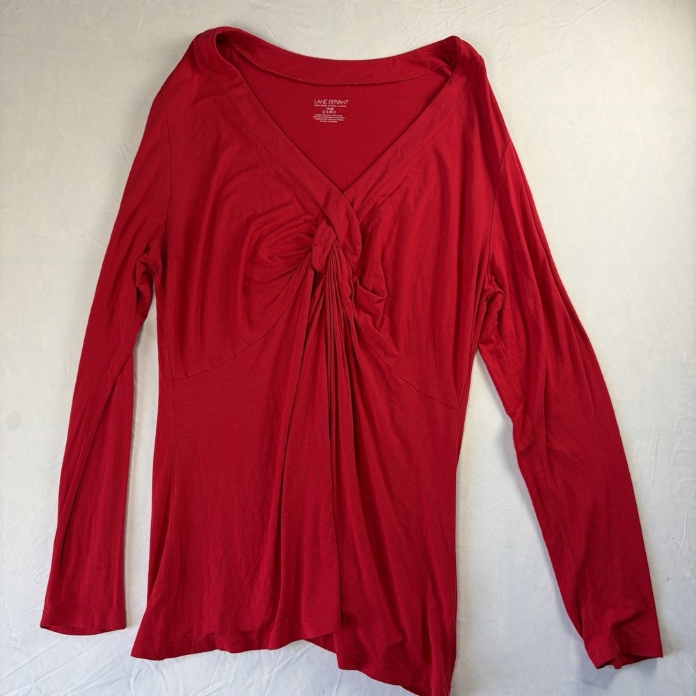 Lane Bryant Top Women's Size 18/20  Red Vneck Long Sleeve Blouse Knot Tie Detail